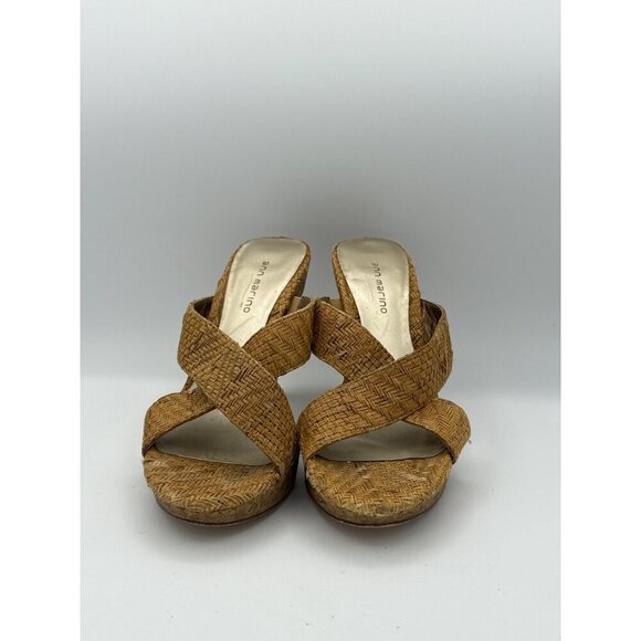 Ann Marino Womens Size 7.5 Tan Woven Mule Heels With Cork Platform - Picture 2 of 7
